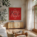 Holiday Charms III Red by Veronique Charron. Shown in a natural wood frame in a cozy modern living room. Available as an archival giclee rolled canvas, fine art paper, or poster print. SKU 31973a.