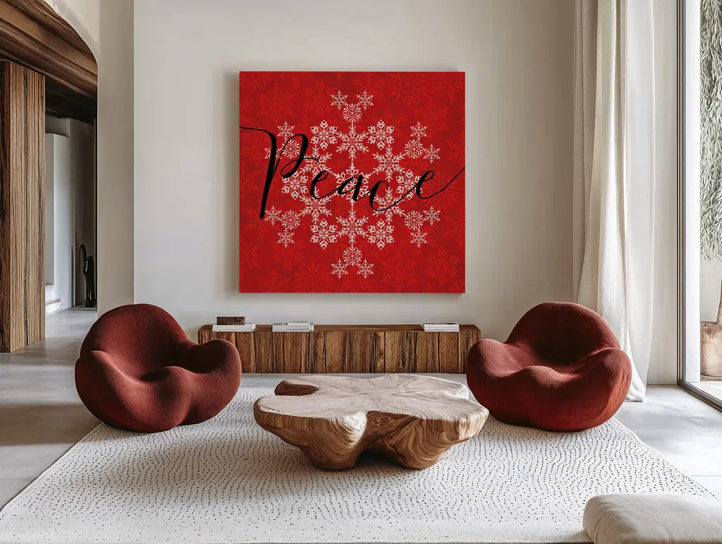 Holiday Charms III Red by Veronique Charron. Shown as extra-large giant wall art in a modern living room. Available as an archival giclee rolled canvas, fine art paper, or poster print. SKU 31973a.