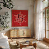 Holiday Charms IV Red by Veronique Charron. Shown in a natural wood frame in a cozy modern living room. Available as an archival giclee rolled canvas, fine art paper, or poster print. SKU 31974a.