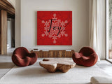 Holiday Charms IV Red by Veronique Charron. Shown as extra-large giant wall art in a modern living room. Available as an archival giclee rolled canvas, fine art paper, or poster print. SKU 31974a.