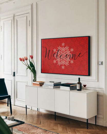 Holiday Charms VI Red by Veronique Charron. shown as a framed stretched canvas in a living room above a console. Available as a archival giclee rolled canvas, fine art paper, or poster print. SKU 31976i.