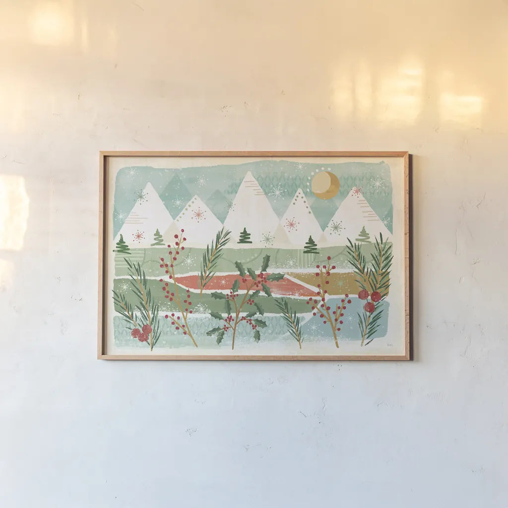 Holiday Flair I by Veronique Charron. shown as a paper print in a natural frame. Available as a archival giclee rolled canvas, fine art paper, or poster print. SKU 65842i.