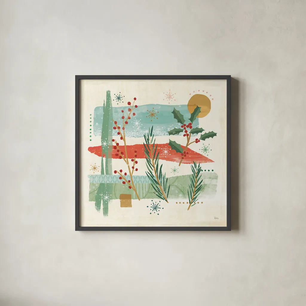 Holiday Flair II by Veronique Charron. Shown in a sleek black glass frame for a contemporary gallery look. Available as an archival giclee rolled canvas, fine art paper, or poster print. SKU 65843a.