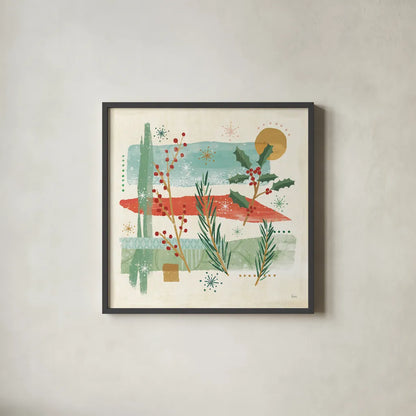 Holiday Flair II by Veronique Charron. Shown in a sleek black glass frame for a contemporary gallery look. Available as an archival giclee rolled canvas, fine art paper, or poster print. SKU 65843a.