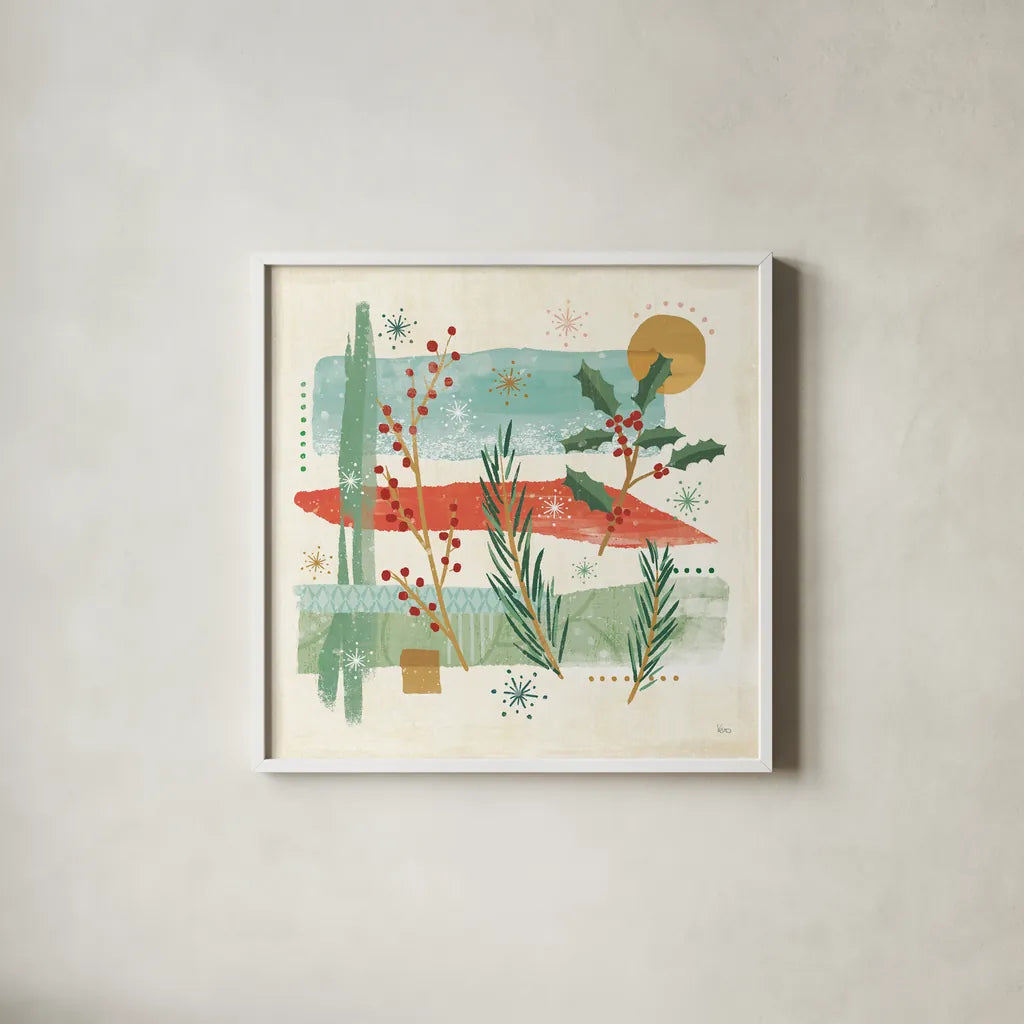 Holiday Flair II by Veronique Charron. Shown in a crisp white glass frame for a clean and minimalist style. Available as an archival giclee rolled canvas, fine art paper, or poster print. SKU 65843a.