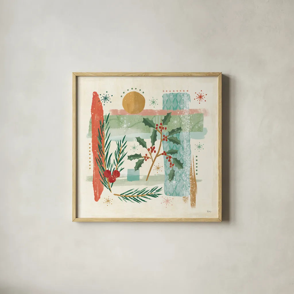 Holiday Flair IV by Veronique Charron. Shown in a natural wood glass frame for a timeless modern aesthetic. Available as an archival giclee rolled canvas, fine art paper, or poster print. SKU 65845a.