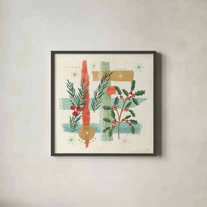 Holiday Flair V by Veronique Charron. Shown in a sleek black glass frame for a contemporary gallery look. Available as an archival giclee rolled canvas, fine art paper, or poster print. SKU 65846a.