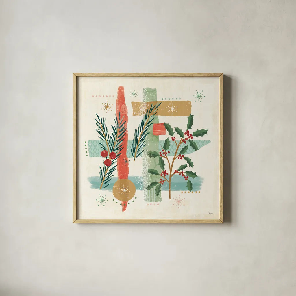 Holiday Flair V by Veronique Charron. Shown in a natural wood glass frame for a timeless modern aesthetic. Available as an archival giclee rolled canvas, fine art paper, or poster print. SKU 65846a.