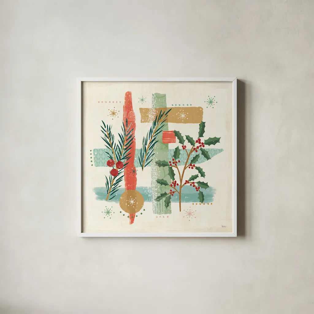 Holiday Flair V by Veronique Charron. Shown in a crisp white glass frame for a clean and minimalist style. Available as an archival giclee rolled canvas, fine art paper, or poster print. SKU 65846a.
