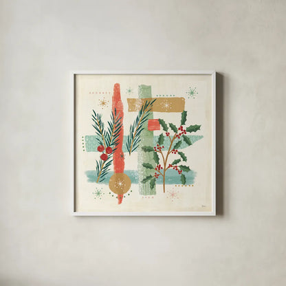 Holiday Flair V by Veronique Charron. Shown in a crisp white glass frame for a clean and minimalist style. Available as an archival giclee rolled canvas, fine art paper, or poster print. SKU 65846a.