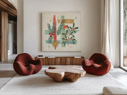 Holiday Flair V by Veronique Charron. Shown as extra-large giant wall art in a modern living room. Available as an archival giclee rolled canvas, fine art paper, or poster print. SKU 65846a.