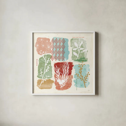 Holiday Flair VI by Veronique Charron. Shown in a crisp white glass frame for a clean and minimalist style. Available as an archival giclee rolled canvas, fine art paper, or poster print. SKU 65847a.