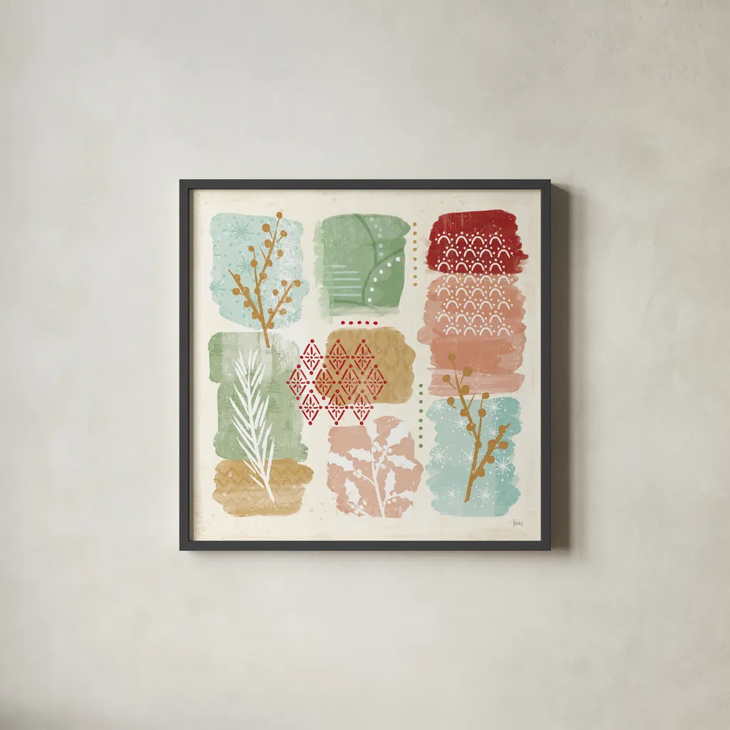 Holiday Flair VII by Veronique Charron. Shown in a sleek black glass frame for a contemporary gallery look. Available as an archival giclee rolled canvas, fine art paper, or poster print. SKU 65848a.