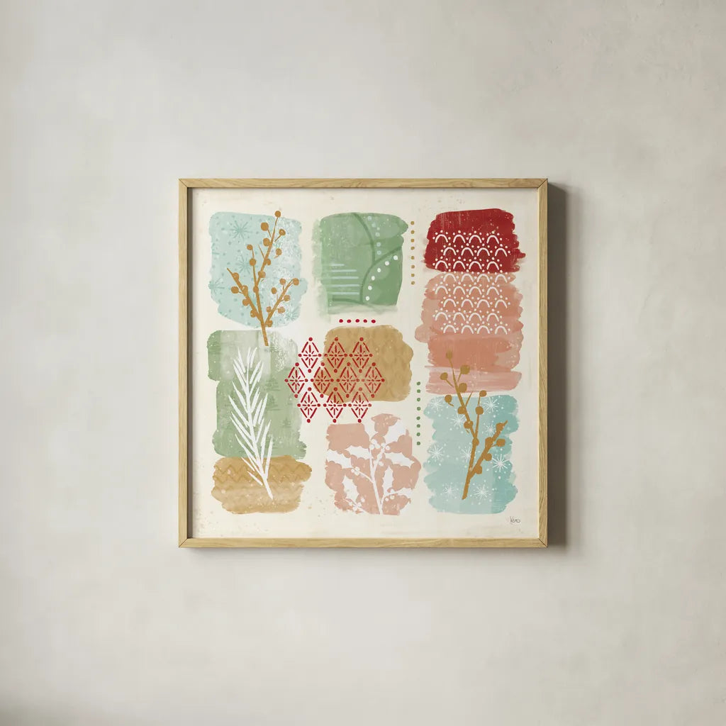 Holiday Flair VII by Veronique Charron. Shown in a natural wood glass frame for a timeless modern aesthetic. Available as an archival giclee rolled canvas, fine art paper, or poster print. SKU 65848a.