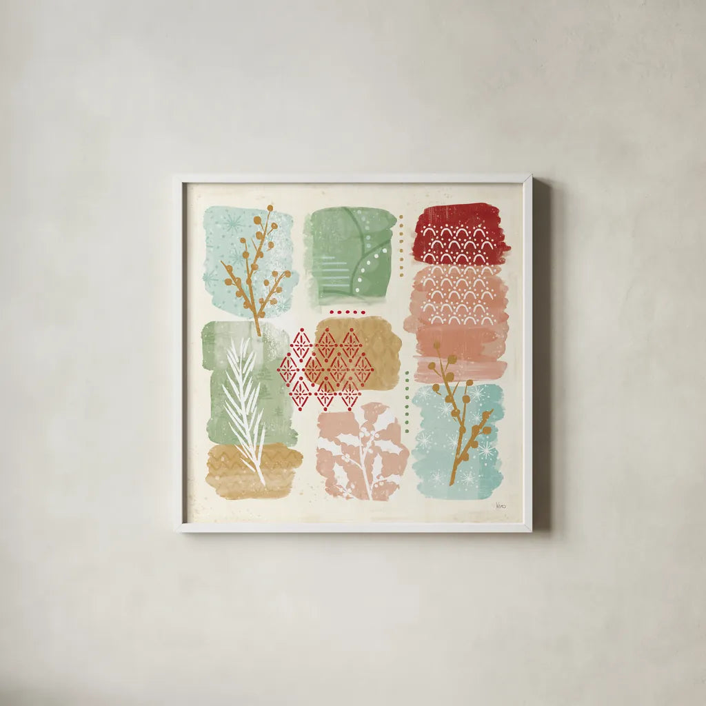 Holiday Flair VII by Veronique Charron. Shown in a crisp white glass frame for a clean and minimalist style. Available as an archival giclee rolled canvas, fine art paper, or poster print. SKU 65848a.