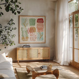 Holiday Flair VII by Veronique Charron. Shown in a natural wood frame in a cozy modern living room. Available as an archival giclee rolled canvas, fine art paper, or poster print. SKU 65848a.