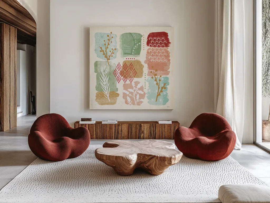 Holiday Flair VII by Veronique Charron. Shown as extra-large giant wall art in a modern living room. Available as an archival giclee rolled canvas, fine art paper, or poster print. SKU 65848a.