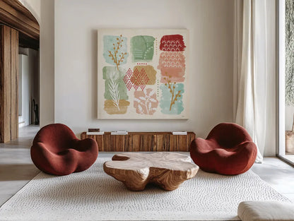 Holiday Flair VII by Veronique Charron. Shown as extra-large giant wall art in a modern living room. Available as an archival giclee rolled canvas, fine art paper, or poster print. SKU 65848a.