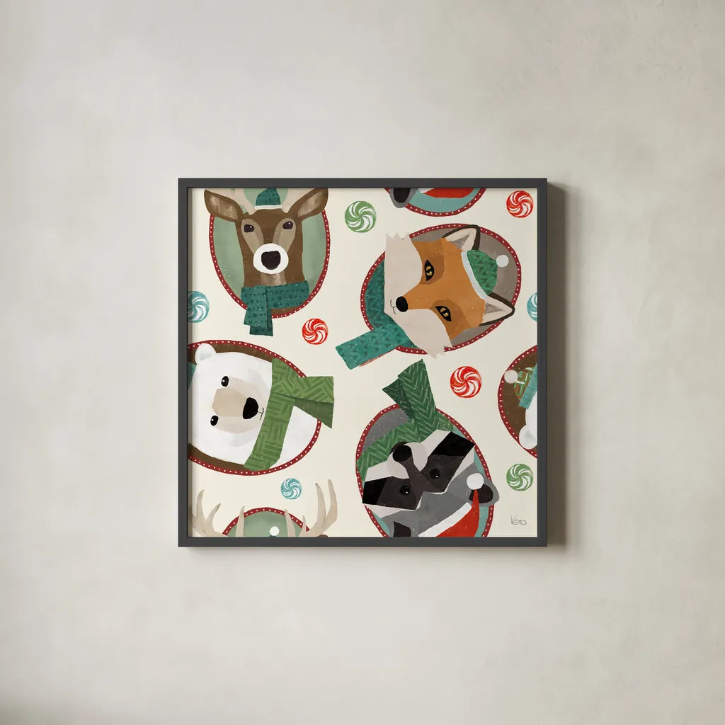 Holiday Likeness Pattern IA by Veronique Charron. Shown in a sleek black glass frame for a contemporary gallery look. Available as an archival giclee rolled canvas, fine art paper, or poster print. SKU 63019a.