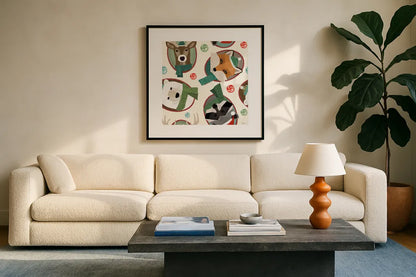 Holiday Likeness Pattern IA by Veronique Charron. Displayed in a glass frame with matte in a clean modern living room. Available as an archival giclee rolled canvas, fine art paper, or poster print. SKU 63019a.