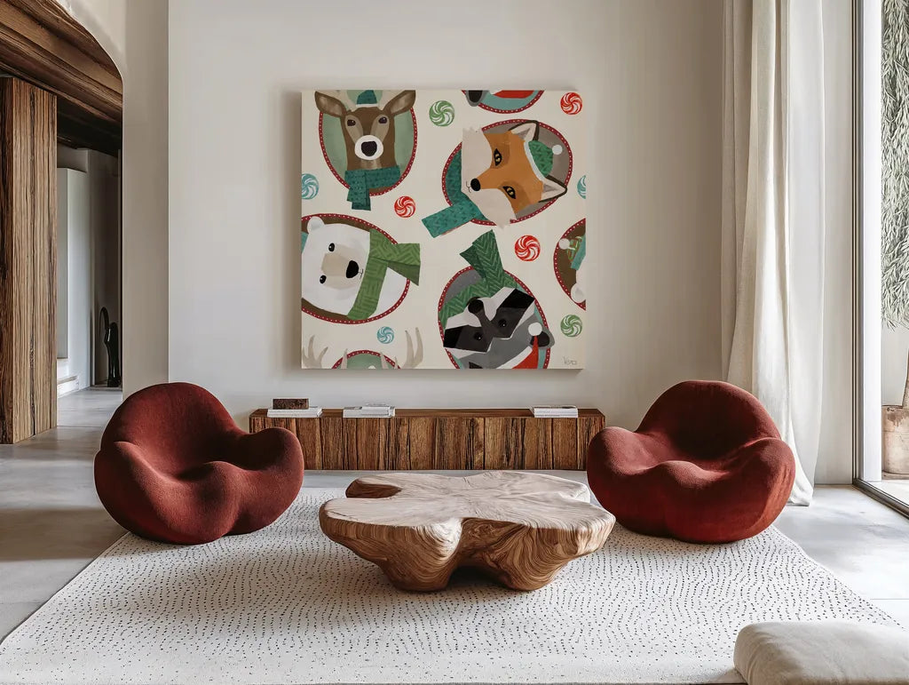 Holiday Likeness Pattern IA by Veronique Charron. Shown as extra-large giant wall art in a modern living room. Available as an archival giclee rolled canvas, fine art paper, or poster print. SKU 63019a.