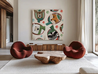 Holiday Likeness Pattern IA by Veronique Charron. Shown as extra-large giant wall art in a modern living room. Available as an archival giclee rolled canvas, fine art paper, or poster print. SKU 63019a.