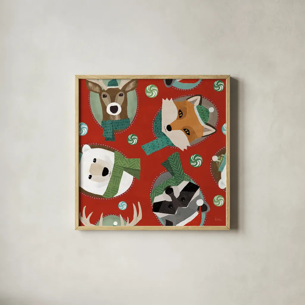 Holiday Likeness Pattern IB by Veronique Charron. Shown in a natural wood glass frame for a timeless modern aesthetic. Available as an archival giclee rolled canvas, fine art paper, or poster print. SKU 63020a.