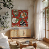 Holiday Likeness Pattern IB by Veronique Charron. Shown in a natural wood frame in a cozy modern living room. Available as an archival giclee rolled canvas, fine art paper, or poster print. SKU 63020a.