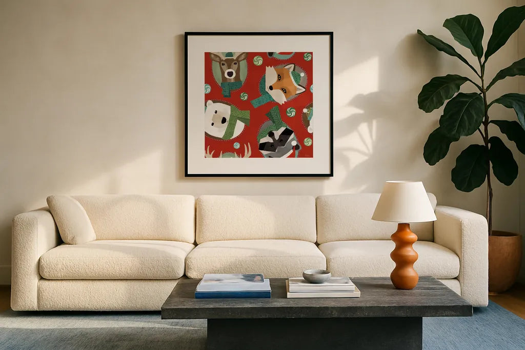 Holiday Likeness Pattern IB by Veronique Charron. Displayed in a glass frame with matte in a clean modern living room. Available as an archival giclee rolled canvas, fine art paper, or poster print. SKU 63020a.