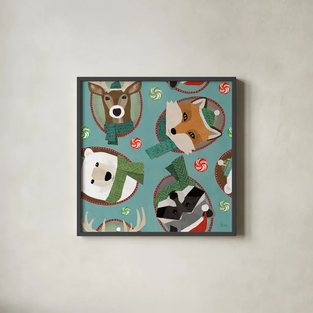 Holiday Likeness Pattern IC by Veronique Charron. Shown in a sleek black glass frame for a contemporary gallery look. Available as an archival giclee rolled canvas, fine art paper, or poster print. SKU 63021a.