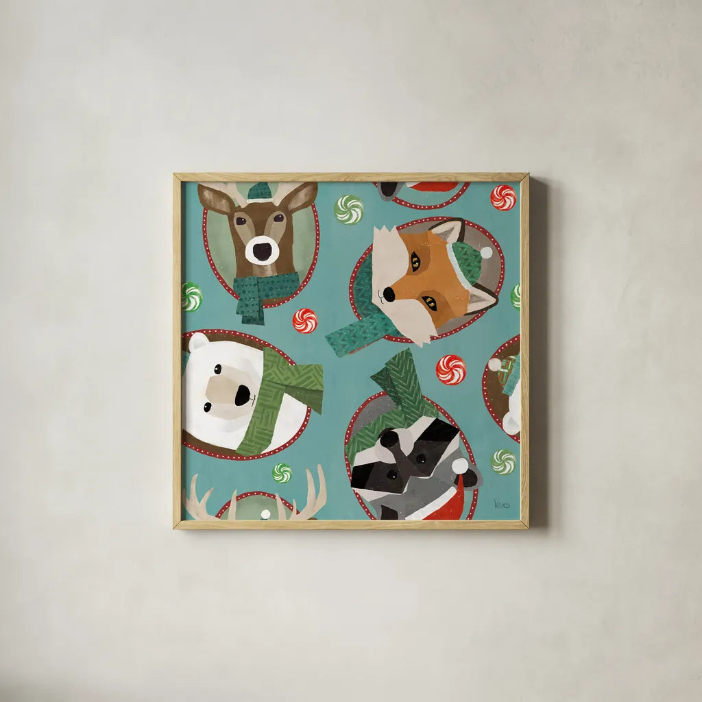 Holiday Likeness Pattern IC by Veronique Charron. Shown in a natural wood glass frame for a timeless modern aesthetic. Available as an archival giclee rolled canvas, fine art paper, or poster print. SKU 63021a.