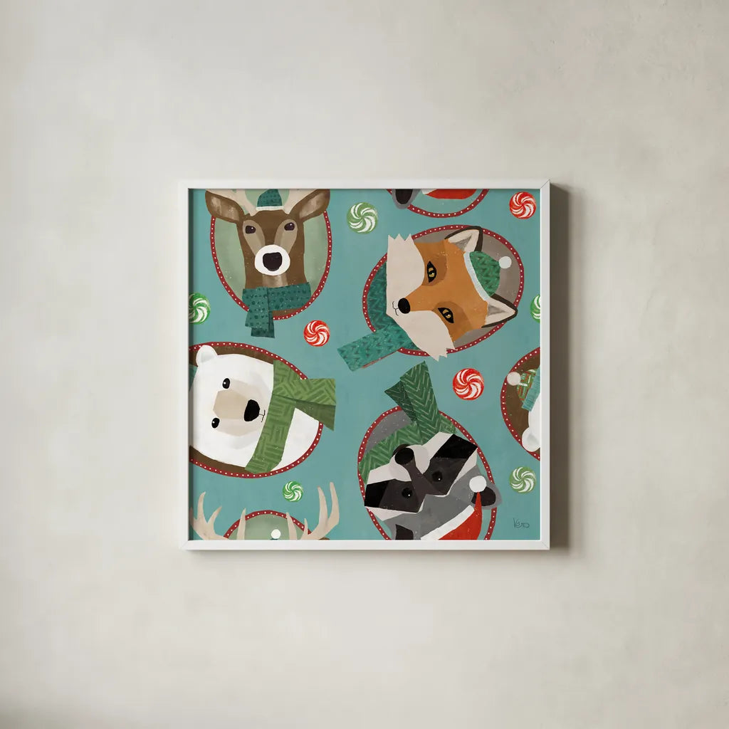 Holiday Likeness Pattern IC by Veronique Charron. Shown in a crisp white glass frame for a clean and minimalist style. Available as an archival giclee rolled canvas, fine art paper, or poster print. SKU 63021a.