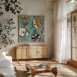 Holiday Likeness Pattern IC by Veronique Charron. Shown in a natural wood frame in a cozy modern living room. Available as an archival giclee rolled canvas, fine art paper, or poster print. SKU 63021a.