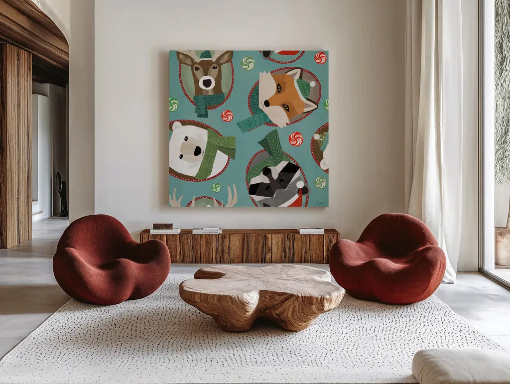 Holiday Likeness Pattern IC by Veronique Charron. Shown as extra-large giant wall art in a modern living room. Available as an archival giclee rolled canvas, fine art paper, or poster print. SKU 63021a.