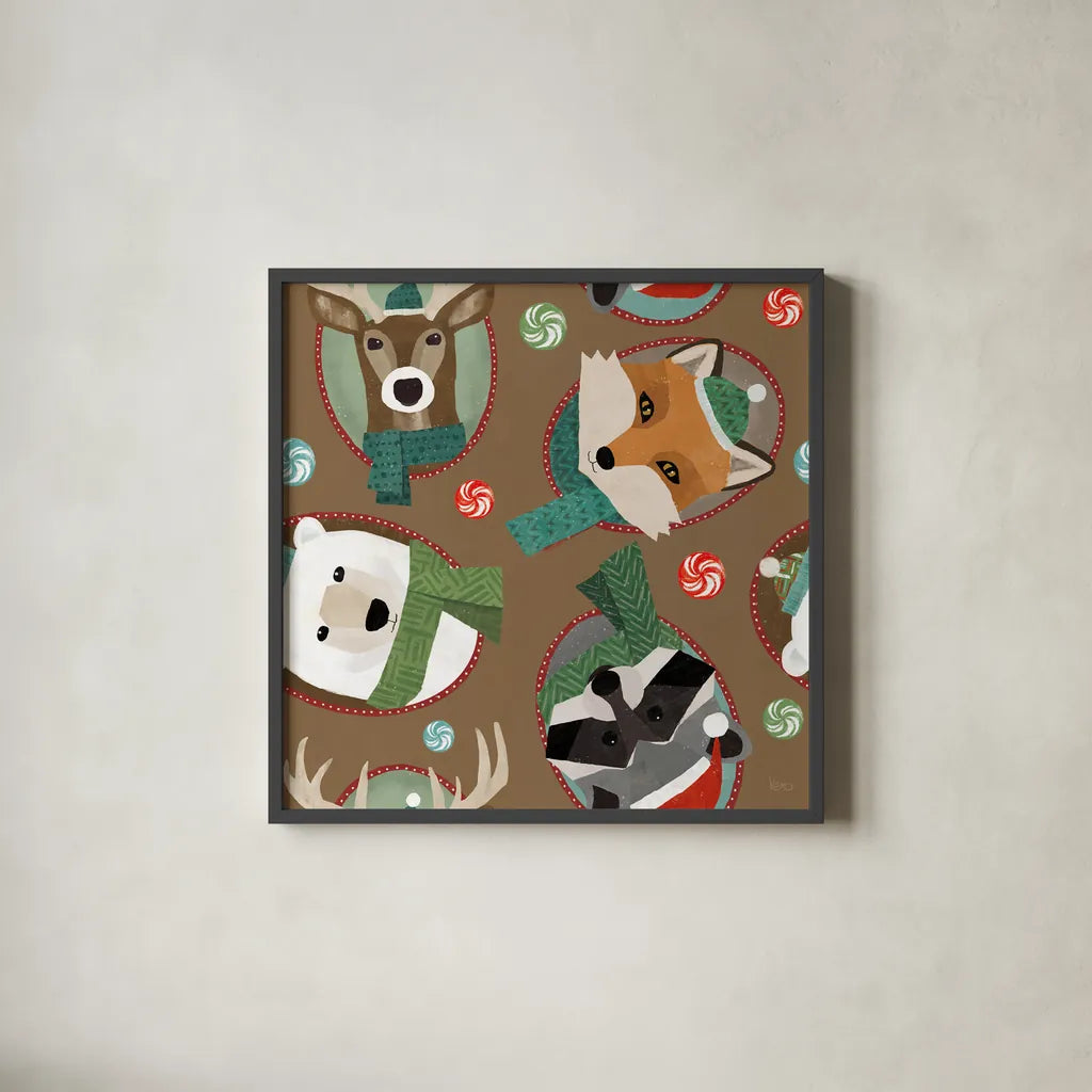 Holiday Likeness Pattern ID by Veronique Charron. Shown in a sleek black glass frame for a contemporary gallery look. Available as an archival giclee rolled canvas, fine art paper, or poster print. SKU 63022a.