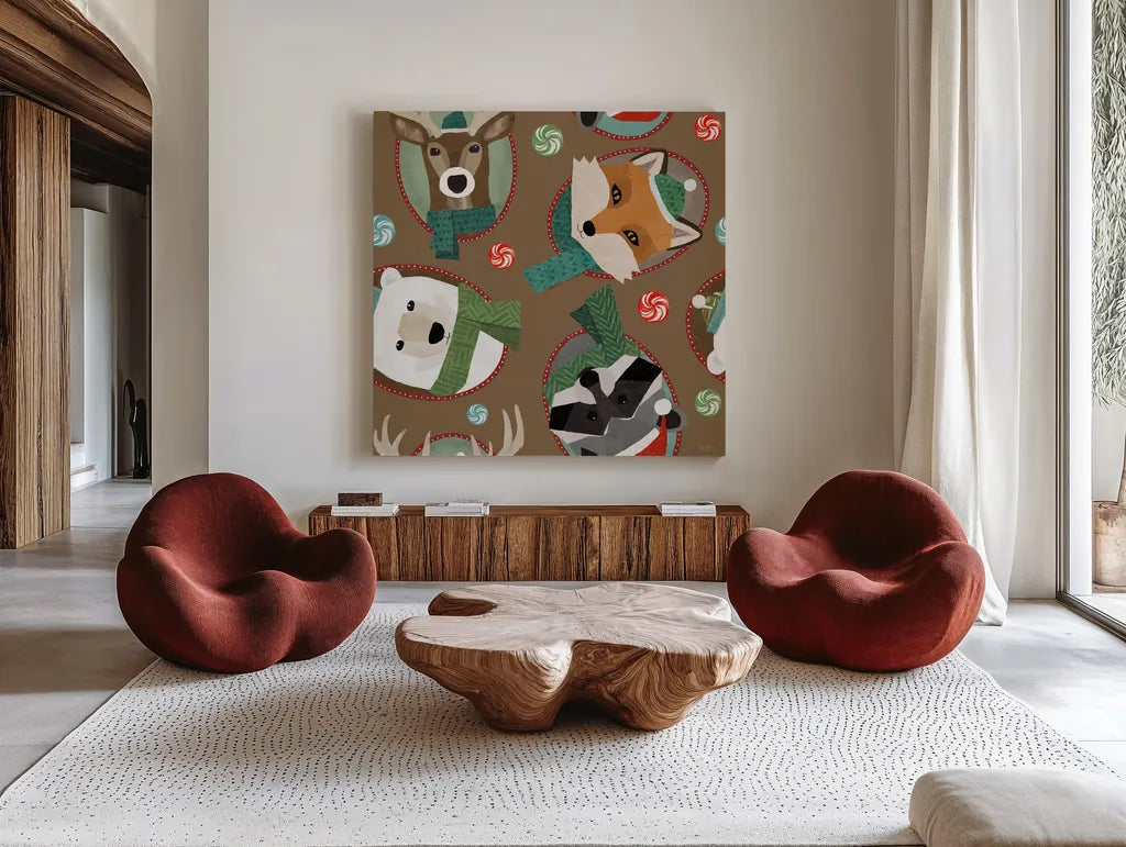 Holiday Likeness Pattern ID by Veronique Charron. Shown as extra-large giant wall art in a modern living room. Available as an archival giclee rolled canvas, fine art paper, or poster print. SKU 63022a.