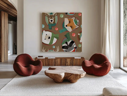 Holiday Likeness Pattern ID by Veronique Charron. Shown as extra-large giant wall art in a modern living room. Available as an archival giclee rolled canvas, fine art paper, or poster print. SKU 63022a.