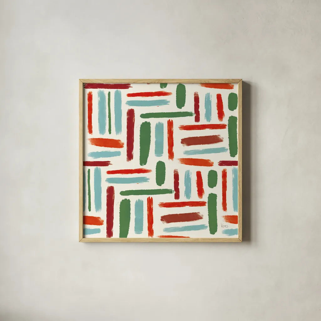 Holiday Likeness Pattern II by Veronique Charron. Shown in a natural wood glass frame for a timeless modern aesthetic. Available as an archival giclee rolled canvas, fine art paper, or poster print. SKU 63023a.