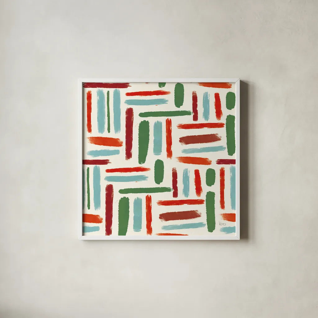 Holiday Likeness Pattern II by Veronique Charron. Shown in a crisp white glass frame for a clean and minimalist style. Available as an archival giclee rolled canvas, fine art paper, or poster print. SKU 63023a.