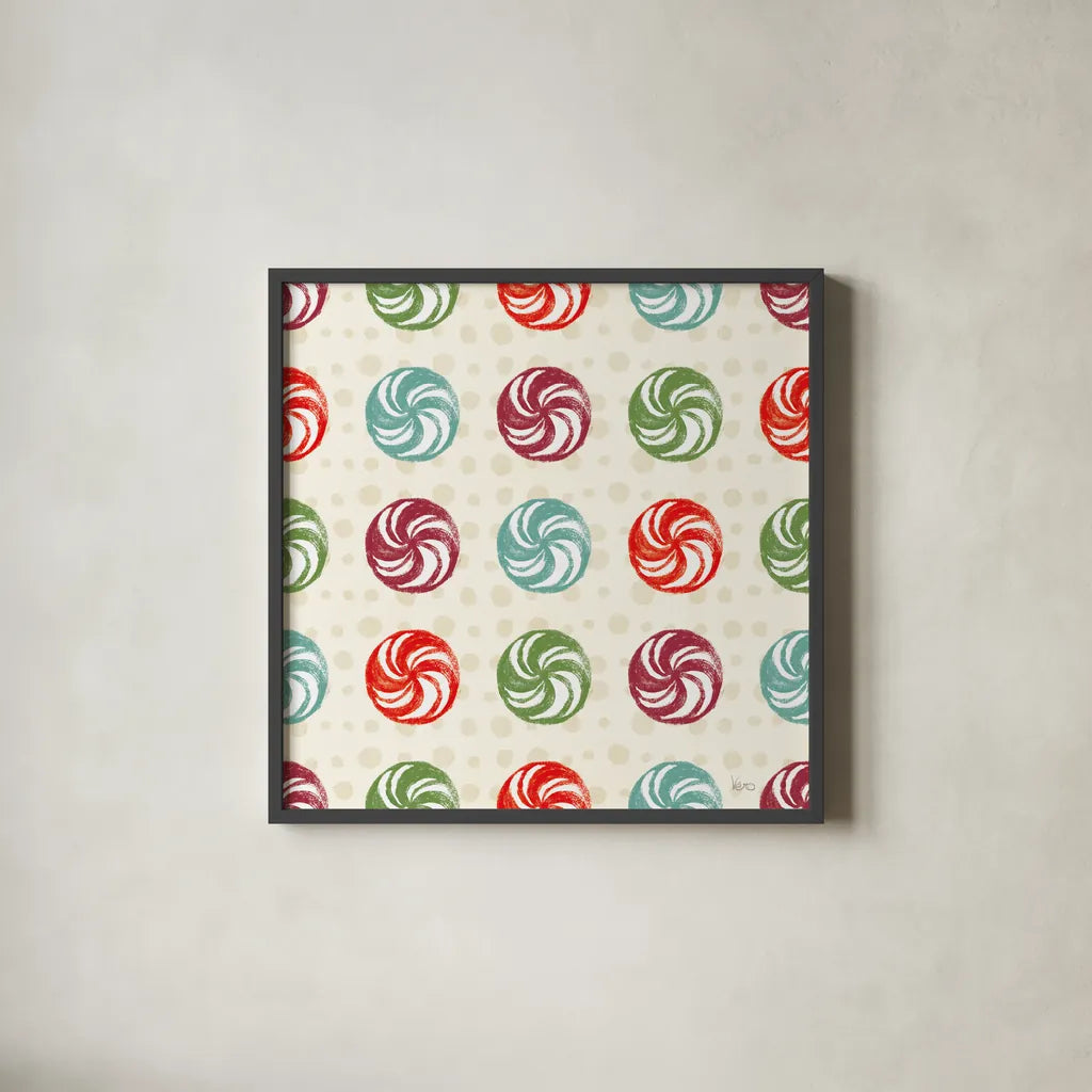 Holiday Likeness Pattern IV by Veronique Charron. Shown in a sleek black glass frame for a contemporary gallery look. Available as an archival giclee rolled canvas, fine art paper, or poster print. SKU 63025a.