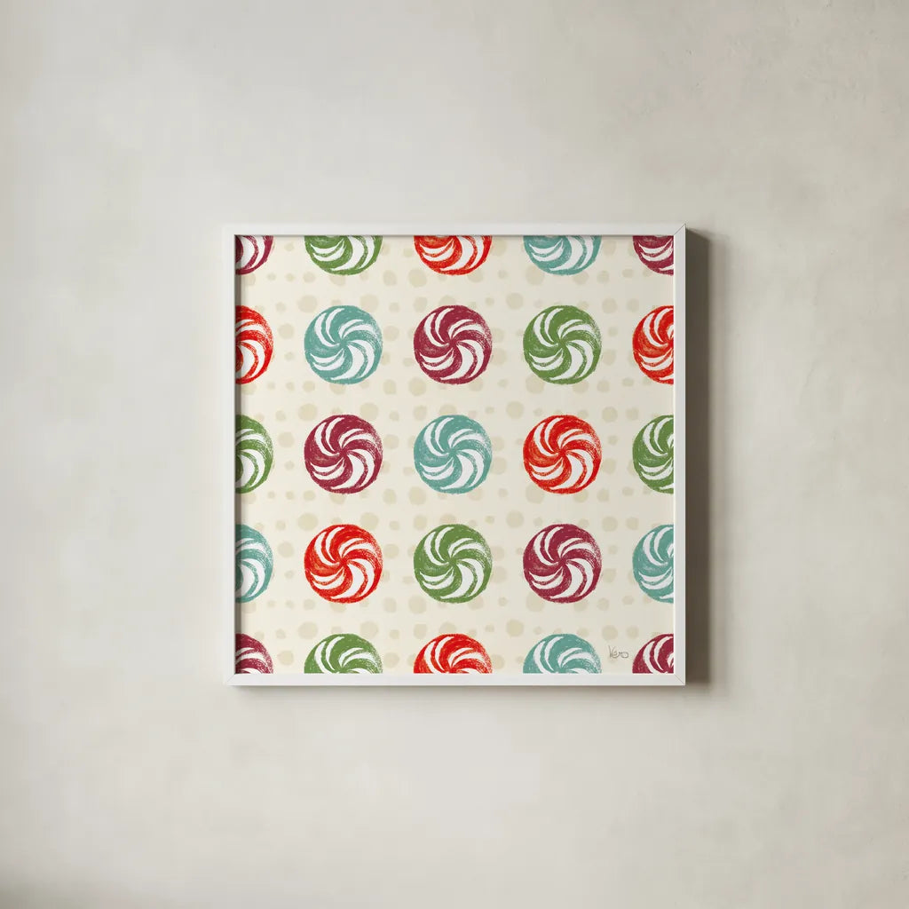 Holiday Likeness Pattern IV by Veronique Charron. Shown in a crisp white glass frame for a clean and minimalist style. Available as an archival giclee rolled canvas, fine art paper, or poster print. SKU 63025a.