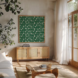 Holiday Likeness Pattern VC by Veronique Charron. Shown in a natural wood frame in a cozy modern living room. Available as an archival giclee rolled canvas, fine art paper, or poster print. SKU 63029a.