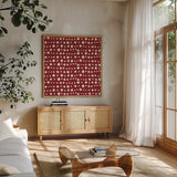 Holiday Likeness Pattern VF by Veronique Charron. Shown in a natural wood frame in a cozy modern living room. Available as an archival giclee rolled canvas, fine art paper, or poster print. SKU 63032a.