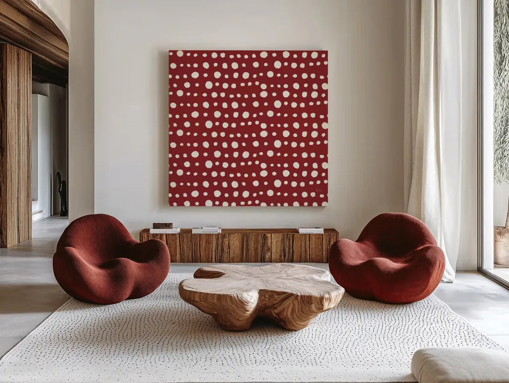 Holiday Likeness Pattern VF by Veronique Charron. Shown as extra-large giant wall art in a modern living room. Available as an archival giclee rolled canvas, fine art paper, or poster print. SKU 63032a.