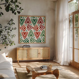 Holiday Likeness Pattern VIA by Veronique Charron. Shown in a natural wood frame in a cozy modern living room. Available as an archival giclee rolled canvas, fine art paper, or poster print. SKU 63033a.