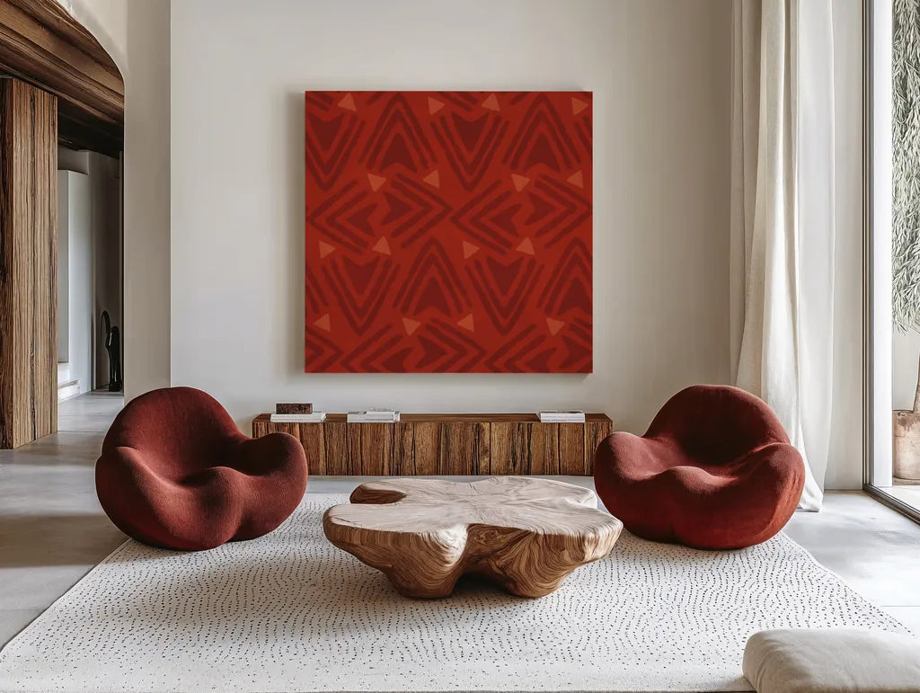 Holiday Likeness Pattern VIB by Veronique Charron. Shown as extra-large giant wall art in a modern living room. Available as an archival giclee rolled canvas, fine art paper, or poster print. SKU 63034a.