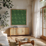 Holiday Likeness Pattern VIC by Veronique Charron. Shown in a natural wood frame in a cozy modern living room. Available as an archival giclee rolled canvas, fine art paper, or poster print. SKU 63035a.