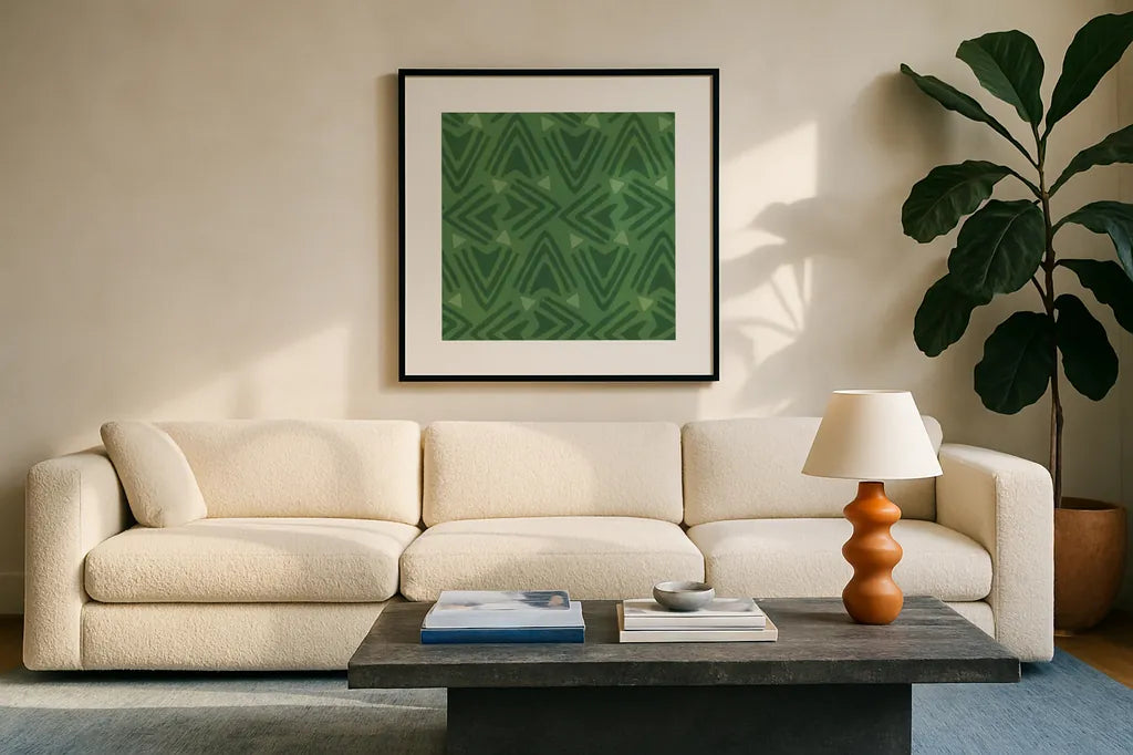Holiday Likeness Pattern VIC by Veronique Charron. Displayed in a glass frame with matte in a clean modern living room. Available as an archival giclee rolled canvas, fine art paper, or poster print. SKU 63035a.