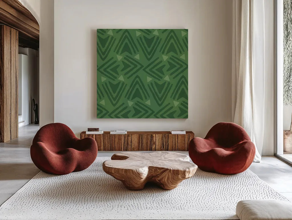 Holiday Likeness Pattern VIC by Veronique Charron. Shown as extra-large giant wall art in a modern living room. Available as an archival giclee rolled canvas, fine art paper, or poster print. SKU 63035a.