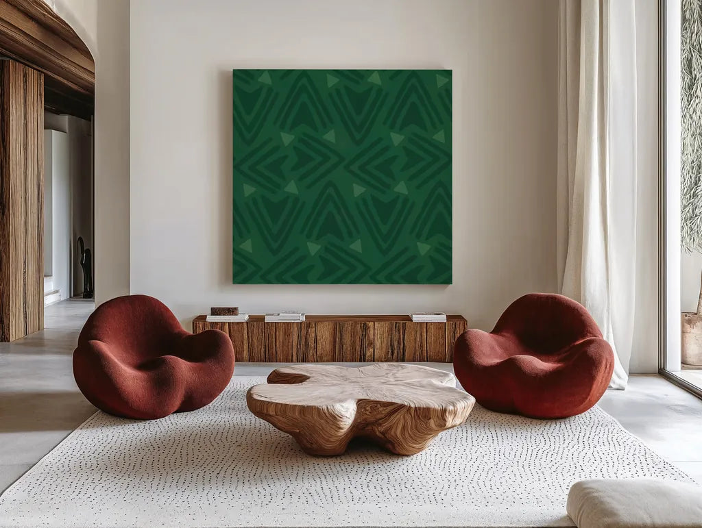 Holiday Likeness Pattern VID by Veronique Charron. Shown as extra-large giant wall art in a modern living room. Available as an archival giclee rolled canvas, fine art paper, or poster print. SKU 63036a.